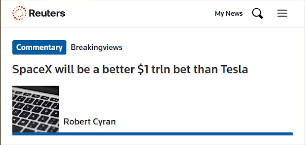 Reuters: SpaceX will be a better $1 trln bet than Tesla