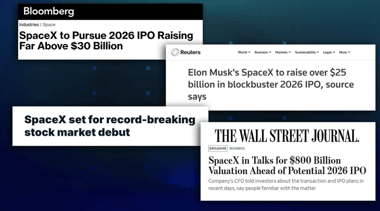 Bloomberg, Reuters, Wall Street Journal, and more are all covering the SpaceX IPO
